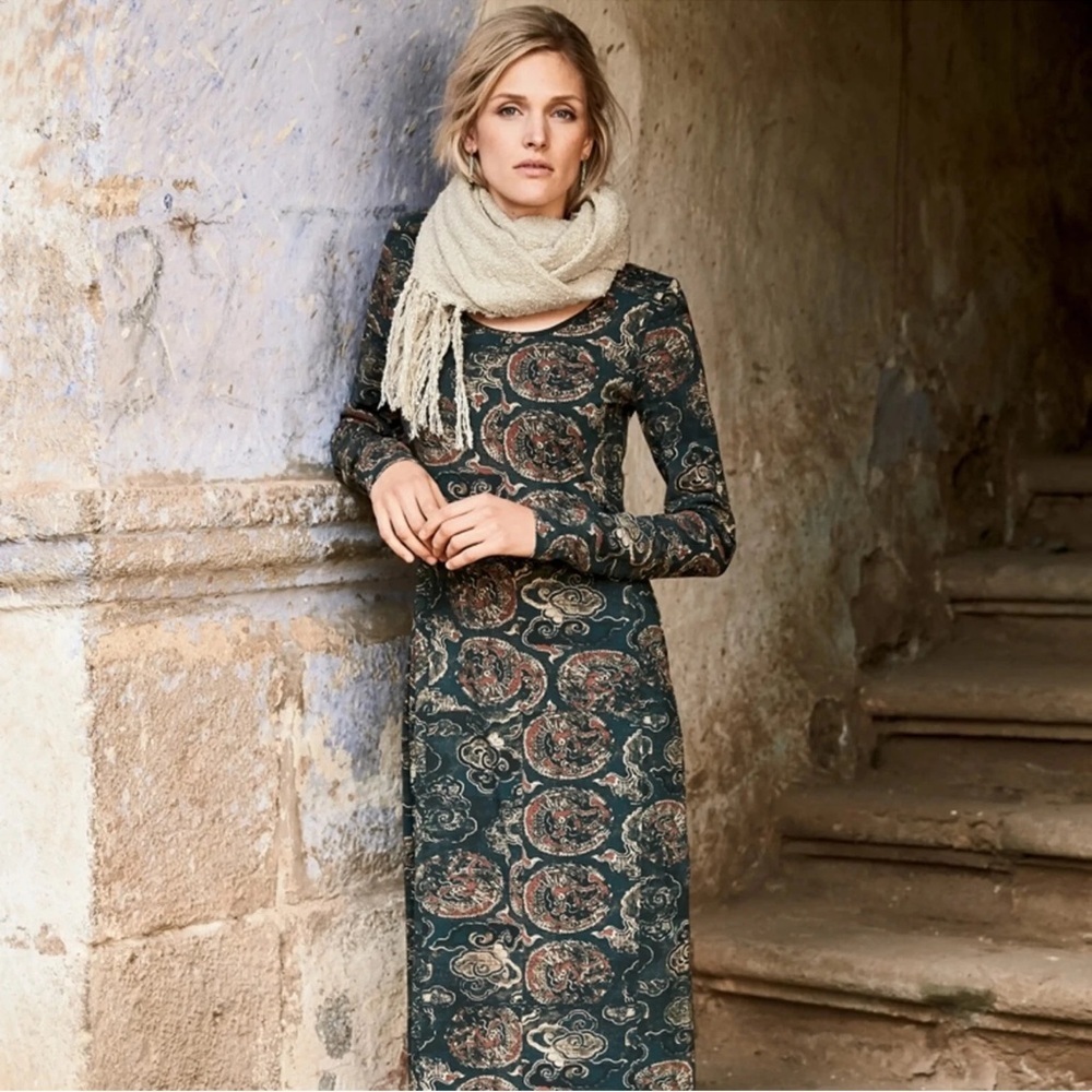 Peruvian Connection Ming Long Sleeve Cotton Blend Column Maxi Dress, Small NWT